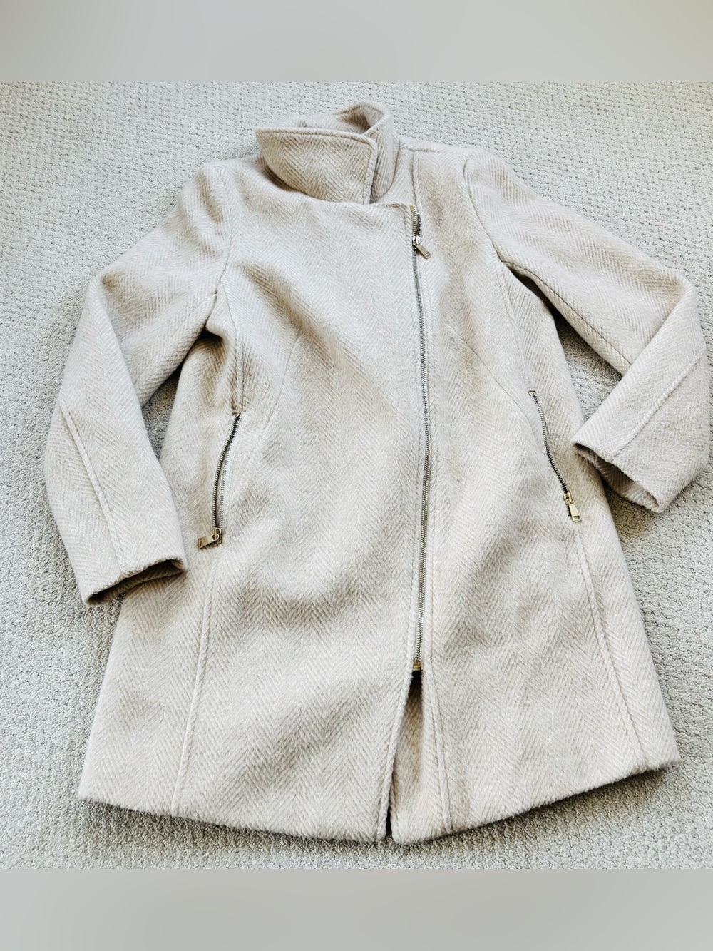 Loft Women's Cream Wool-Blend Zip Front herringbone Coat